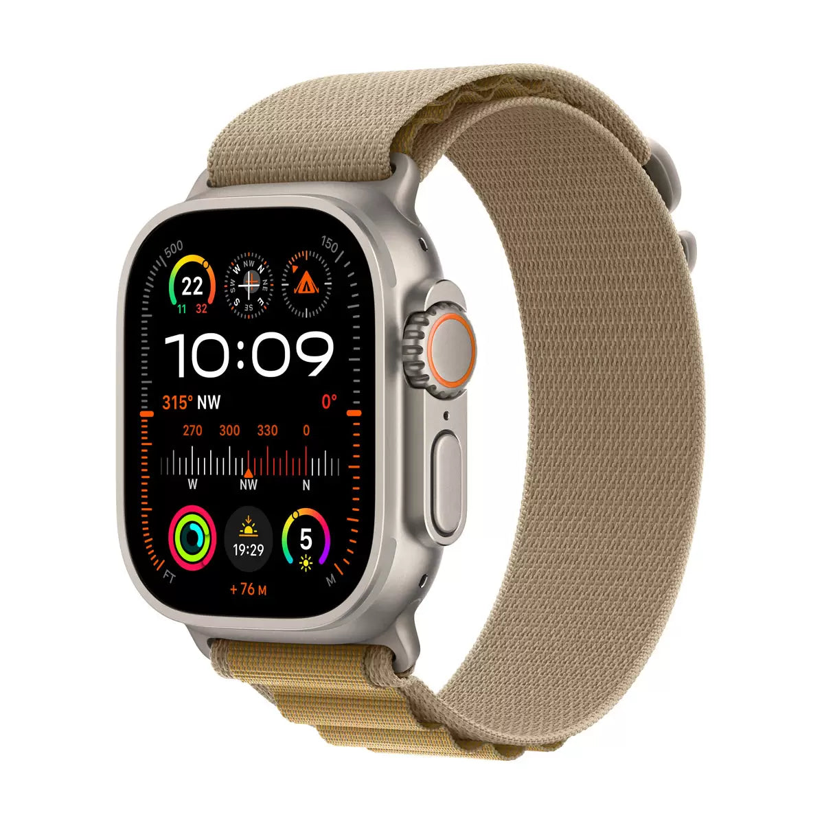 Apple Watch Ultra 2 GPS + Cellular with 49mm titanium case and Tan Alpine Loop for fitness tracking, outdoor adventures, and connectivity