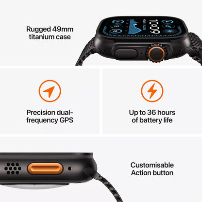 Apple Watch Ultra 2 GPS + Cellular with 49mm titanium case and Tan Alpine Loop for fitness tracking, outdoor adventures, and connectivity