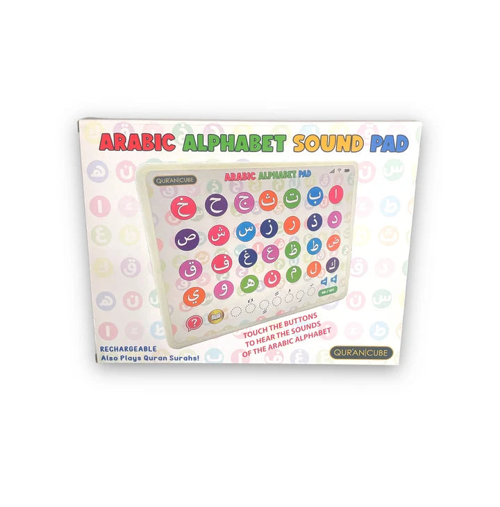 Top-down view of the colorful electronic Arabic Alphabet Sound Pad displaying printed Arabic characters and interactive press buttons on a white background.