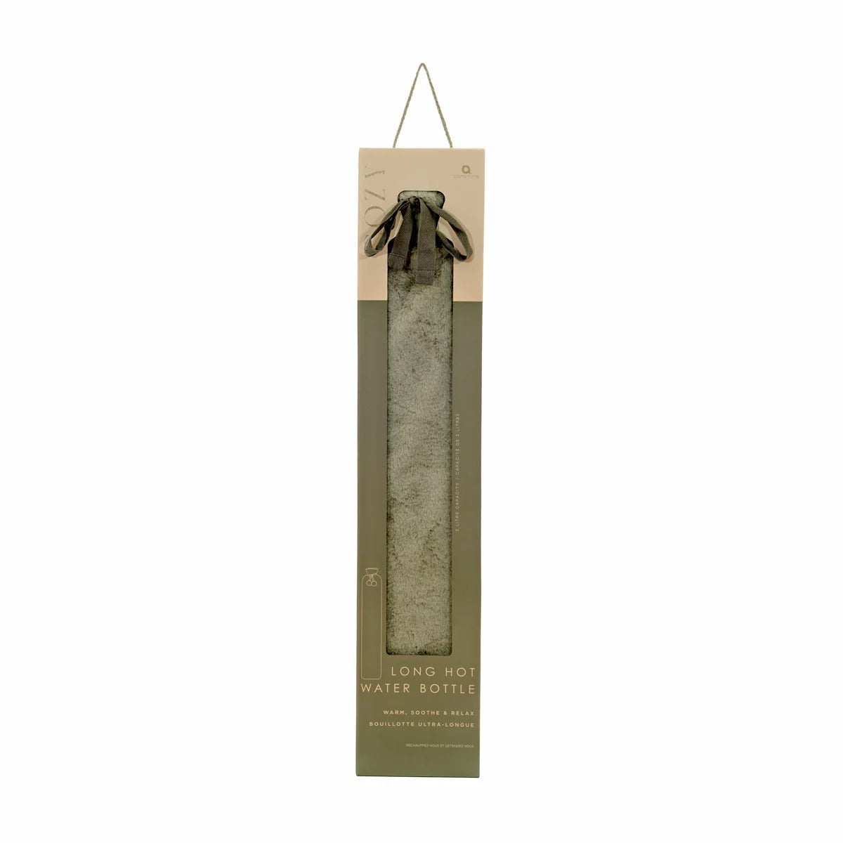 A 72cm Aroma Home long hot water bottle wrapped in a plush grey faux fur cover resting draped across a beige sofa cushion.