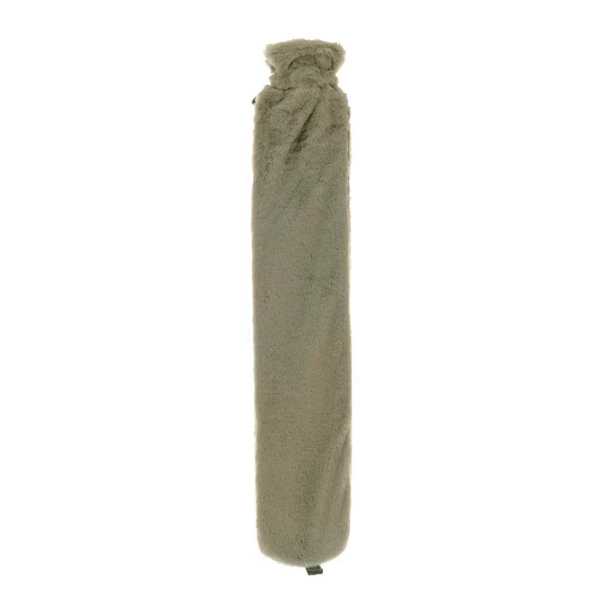 A 72cm Aroma Home long hot water bottle wrapped in a plush grey faux fur cover resting draped across a beige sofa cushion.