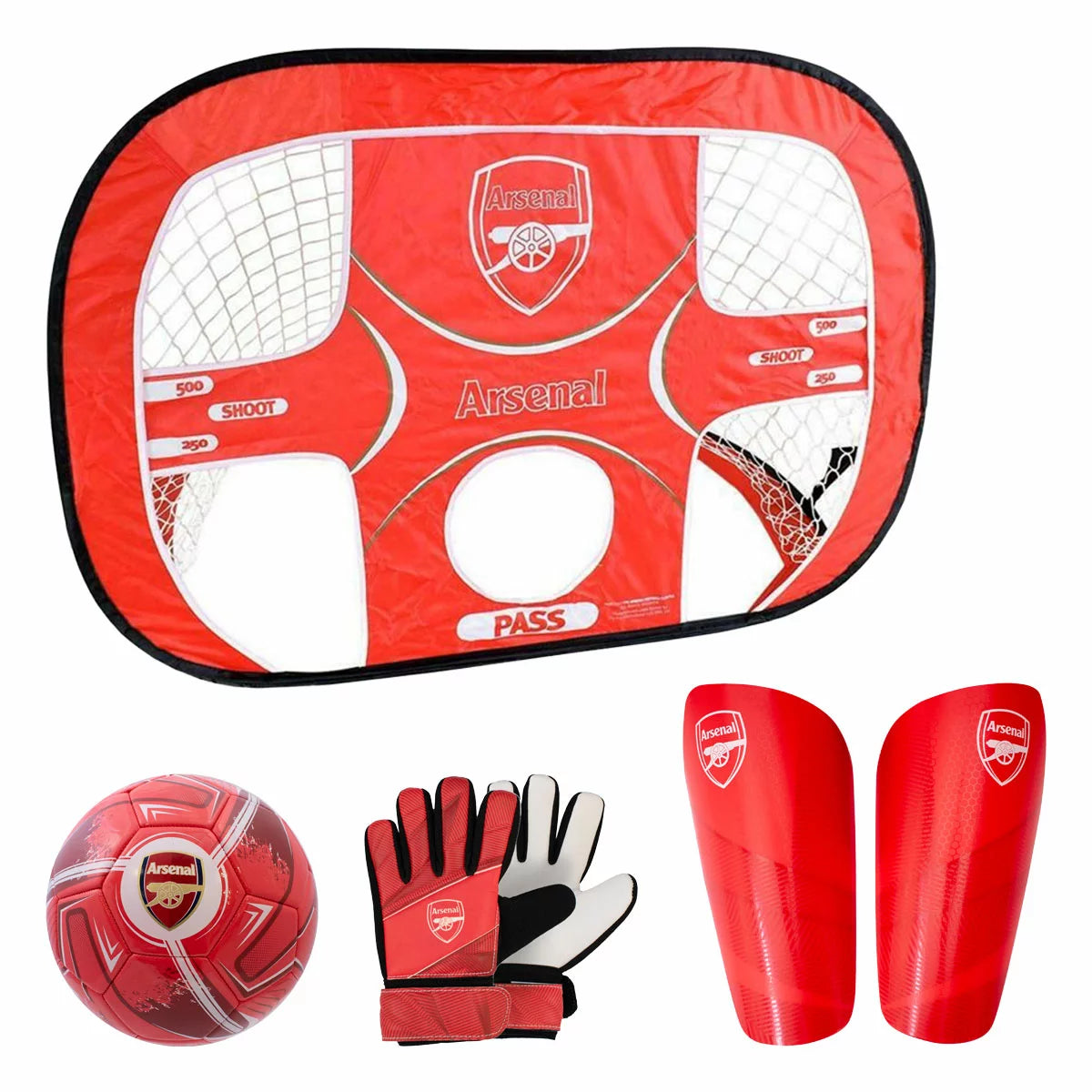 Red and white official Arsenal Football Training Bundle displayed outdoors on green grass, showcasing the pop-up target goal, red size 5 football with club crest, red junior goalkeeper gloves, and lightweight red shin guards.