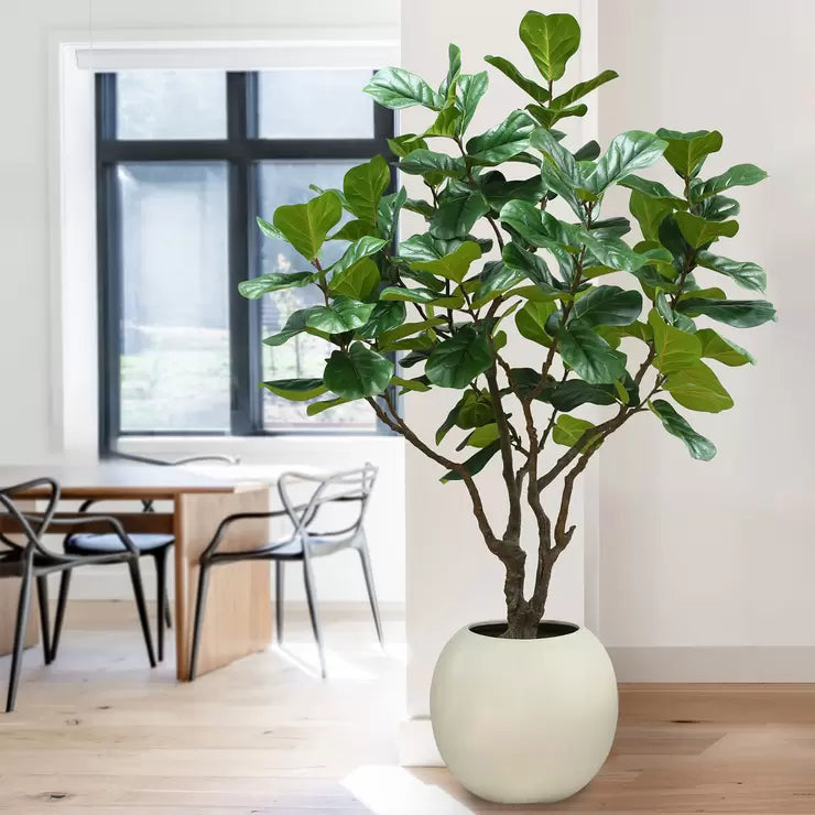 Artificial 8ft fig tree in planter with realistic green foliage for indoor home and office decoration.