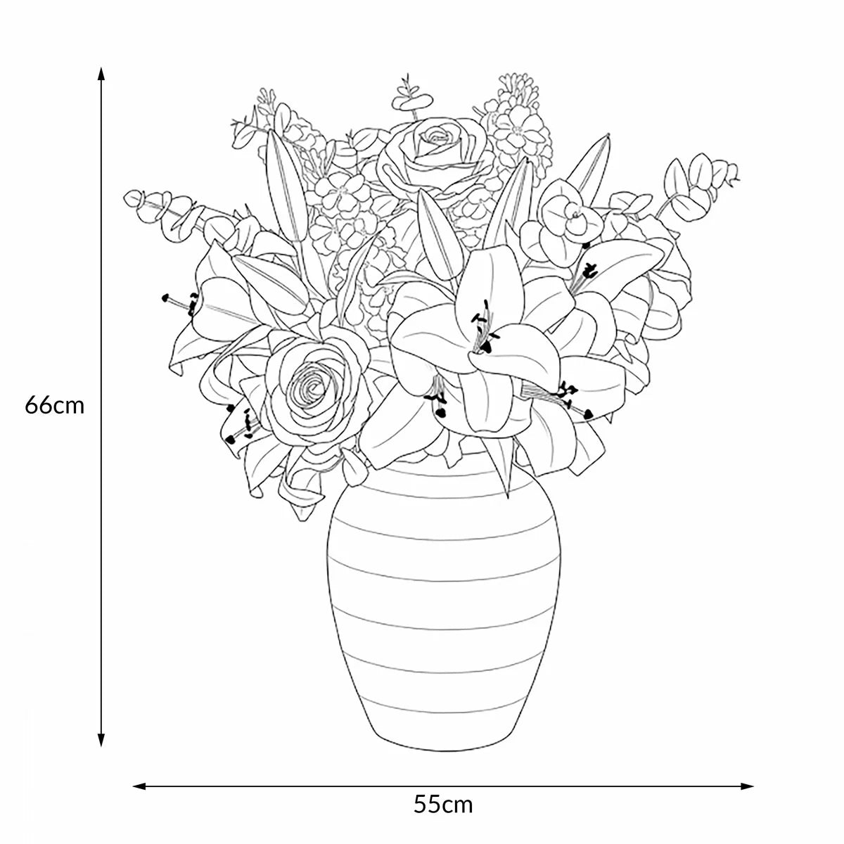 The Artificial Lily & Rose Bouquet in Vase displayed on a flat surface, showcasing vibrant fabric lilies and roses mixed with eucalyptus leaves inside a sleek white bowl.