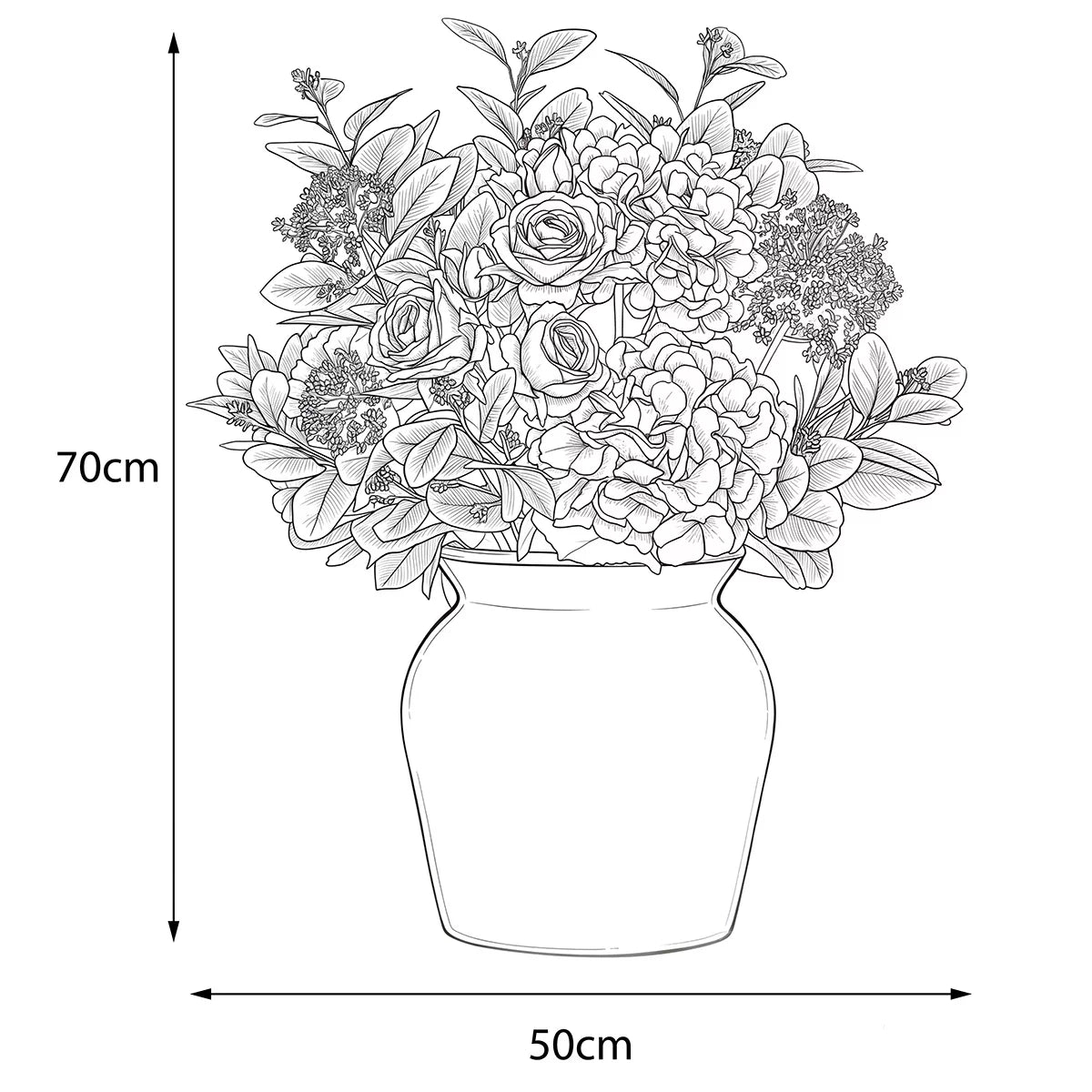 Front view of artificial summer bouquet featuring white roses and hydrangeas with eucalyptus leaves in a sleek white bowl vase on a wooden table.
