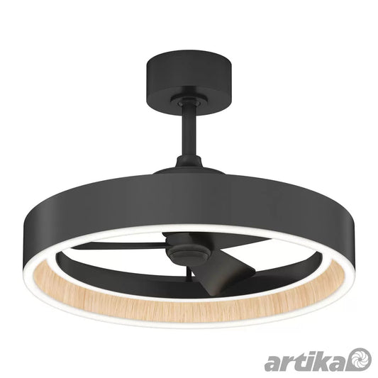 Flush mount Artika Alton 24 inch Fan Light featuring matte black hardware and painted wood trim with dual illuminated LED rings on a contemporary living room ceiling.