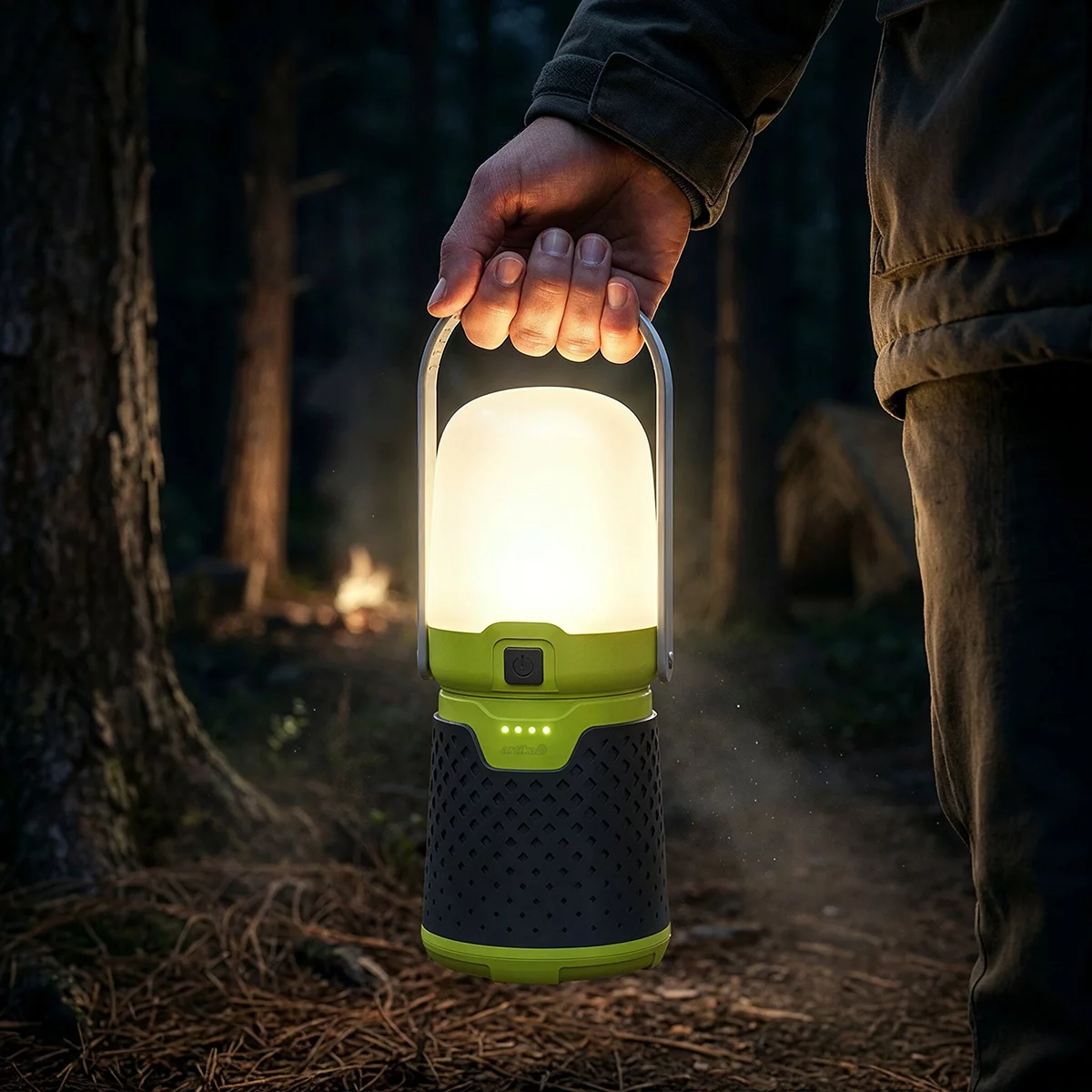 Black Artika Campa 4-in-1 modular portable outdoor kit set up on a rustic wooden picnic table at dusk, showing the illuminated lantern head and fan mounted on the dual-power stand.