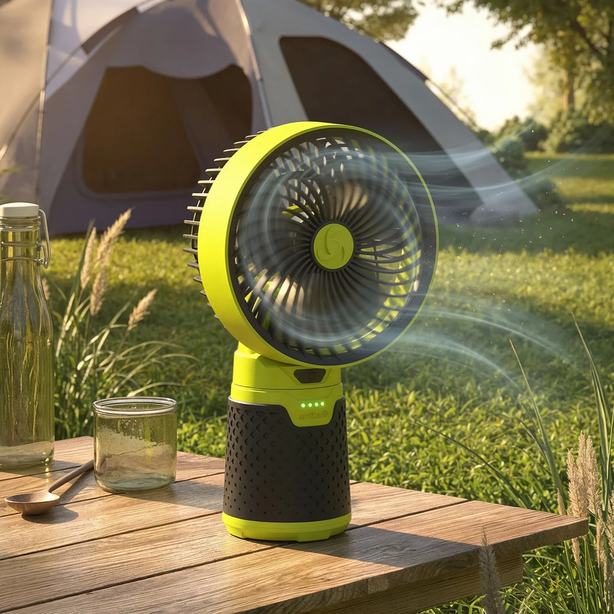 Black Artika Campa 4-in-1 modular portable outdoor kit set up on a rustic wooden picnic table at dusk, showing the illuminated lantern head and fan mounted on the dual-power stand.