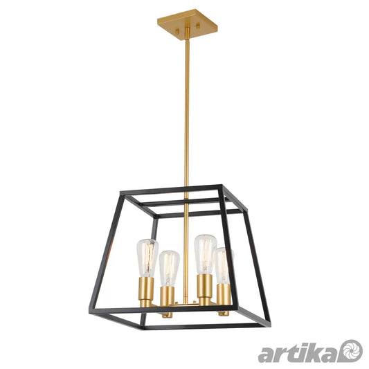 Artika Carter square black and gold four-light open-cage industrial chandelier fixture hanging from a high, modern dining room ceiling.