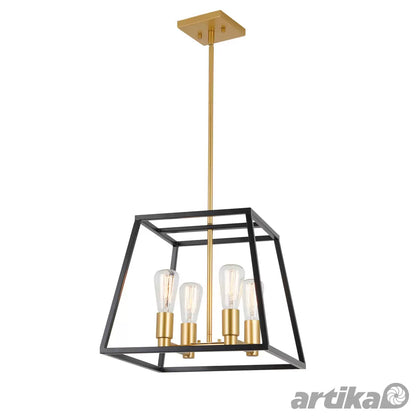 Artika Carter Square Black and Gold Chandelier Light modern geometric ceiling fixture for dining and living spaces