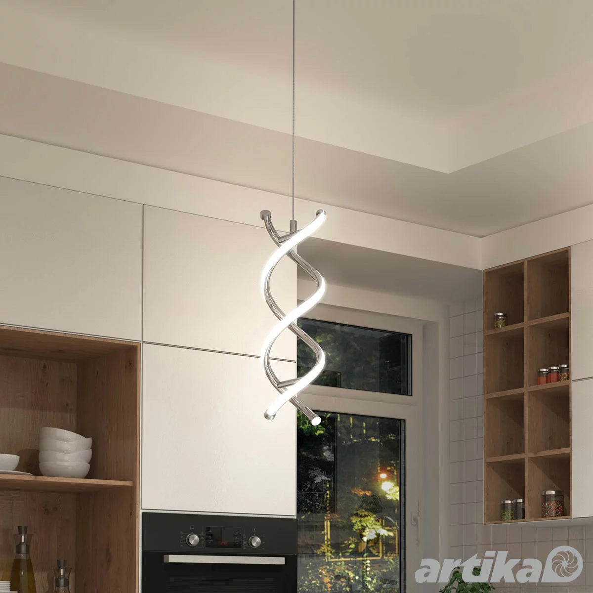 Artika DNA single light LED pendant in chrome with modern energy-efficient design for kitchen and dining lighting