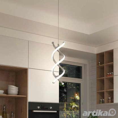 Artika DNA single light LED pendant in chrome with modern energy-efficient design for kitchen and dining lighting