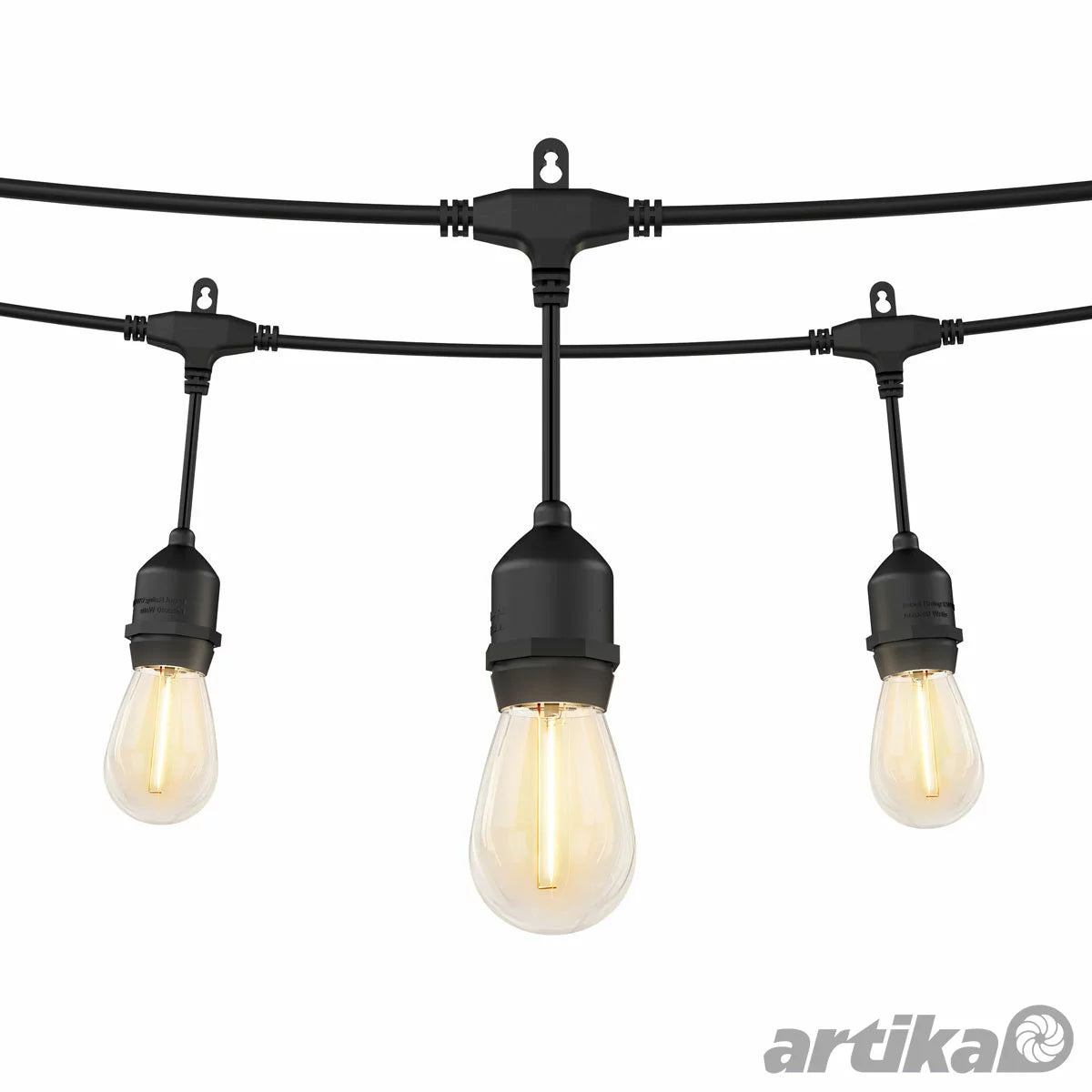Artika Eclipse 42ft solar string lights with 20 warm white vintage LED bulbs draped over a wooden patio pergola.