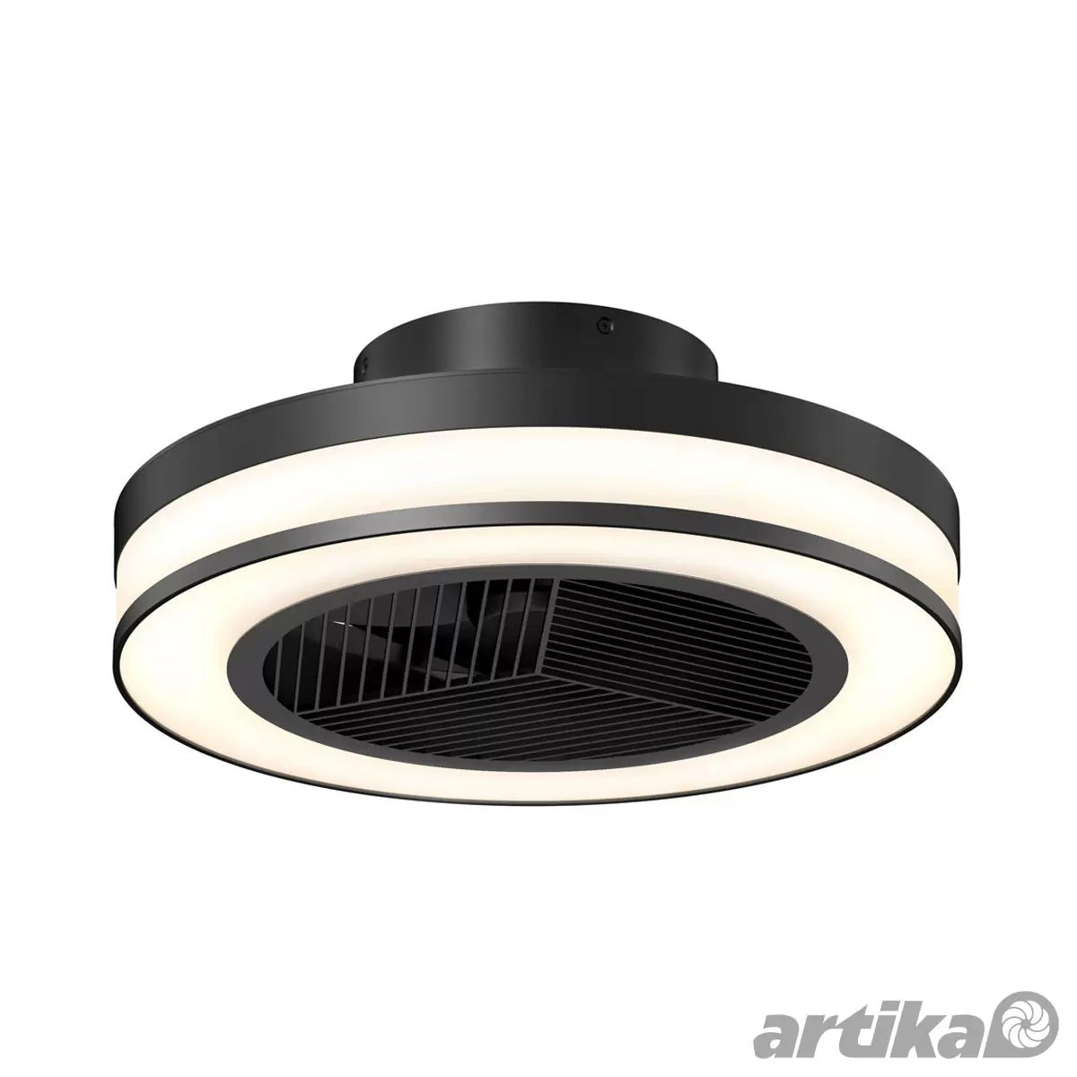 Flush mount white Artika Elton 19 inch Fan Light with illuminated LED outer ring mounted on a contemporary living room ceiling.