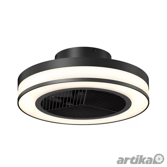 Flush mount white Artika Elton 19 inch Fan Light with illuminated LED outer ring mounted on a contemporary living room ceiling.