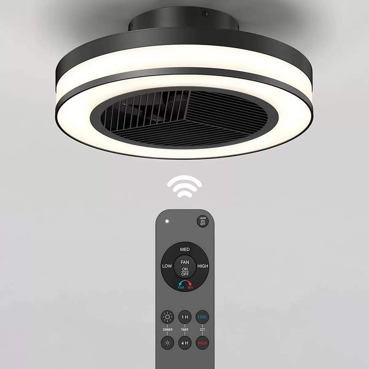 Flush mount white Artika Elton 19 inch Fan Light with illuminated LED outer ring mounted on a contemporary living room ceiling.
