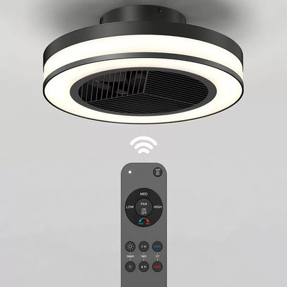 Flush mount white Artika Elton 19 inch Fan Light with illuminated LED outer ring mounted on a contemporary living room ceiling.
