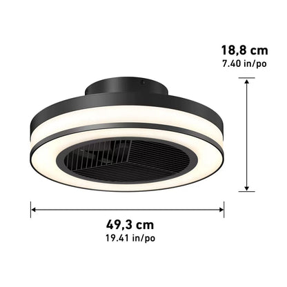 Flush mount white Artika Elton 19 inch Fan Light with illuminated LED outer ring mounted on a contemporary living room ceiling.