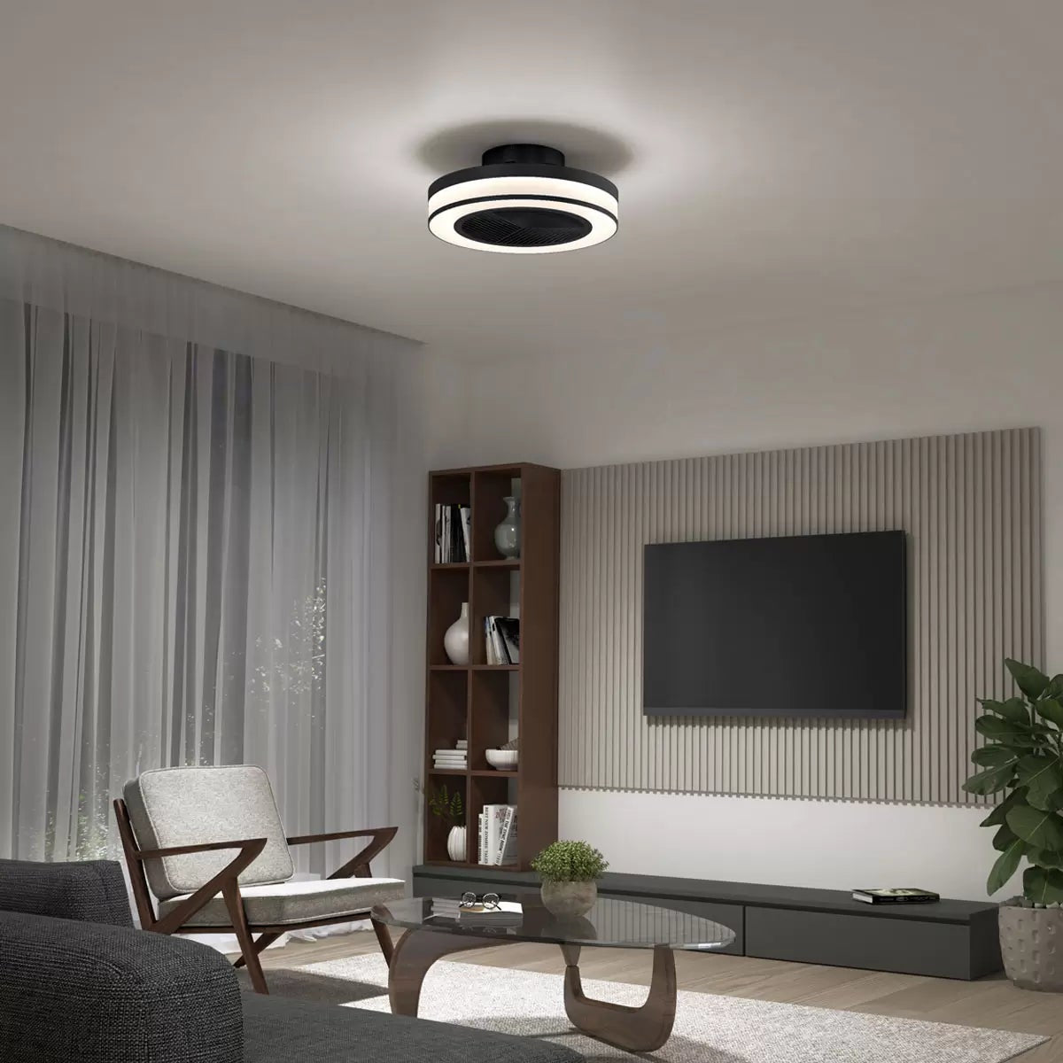 Flush mount white Artika Elton 19 inch Fan Light with illuminated LED outer ring mounted on a contemporary living room ceiling.