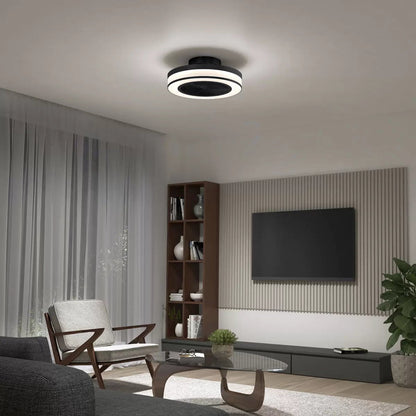 Flush mount white Artika Elton 19 inch Fan Light with illuminated LED outer ring mounted on a contemporary living room ceiling.