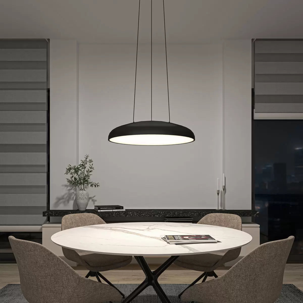 Artika Flint 24-inch black LED pendant light with modern contemporary design for kitchen and dining room lighting