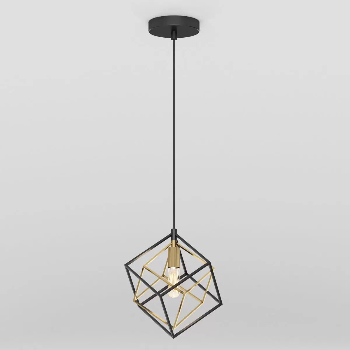 Artika Imperium 1-Pendant Light Fixture in Black and Gold installed in a modern kitchen over dining table providing warm ambient lighting