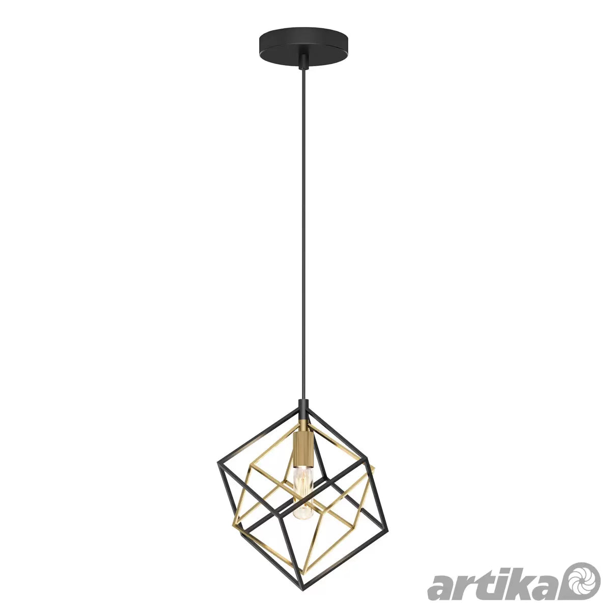 Artika Imperium 1-Pendant Light Fixture in Black and Gold installed in a modern kitchen over dining table providing warm ambient lighting