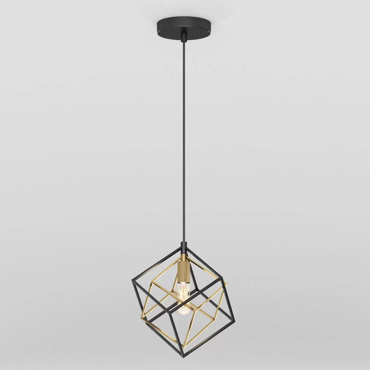 Artika Imperium minimalist kitchen pendant light in matte black and gold hanging above a clean marble countertop in a modern apartment.