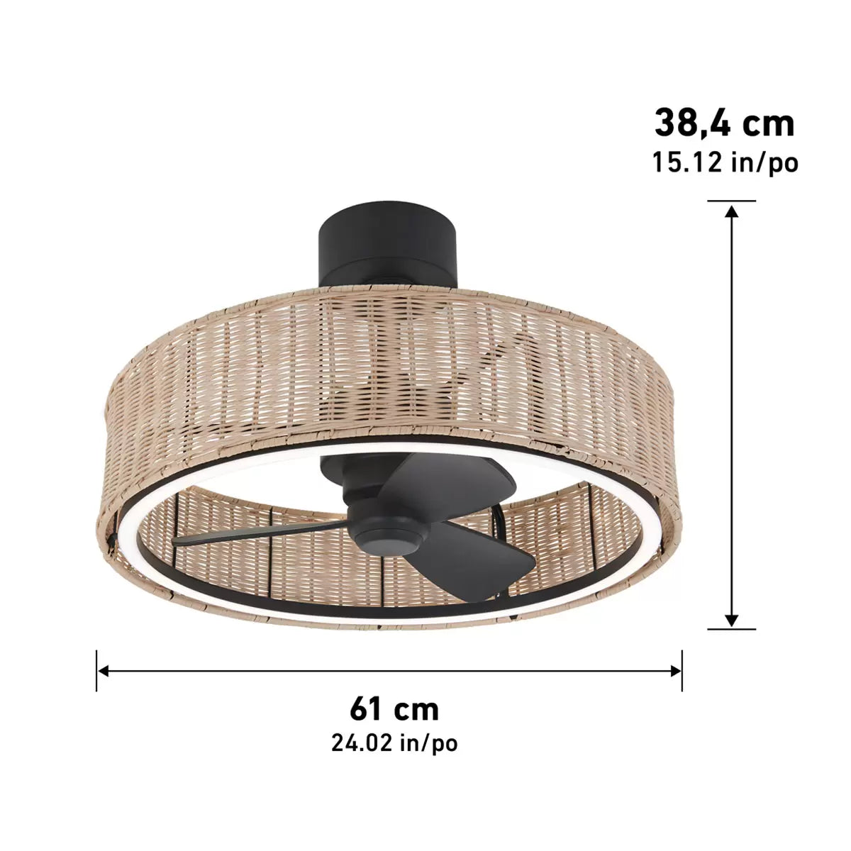 Artika Kalani 24 inch rattan ceiling fan light with remote control, boho style ambient lighting and silent cooling fan for modern interiors
