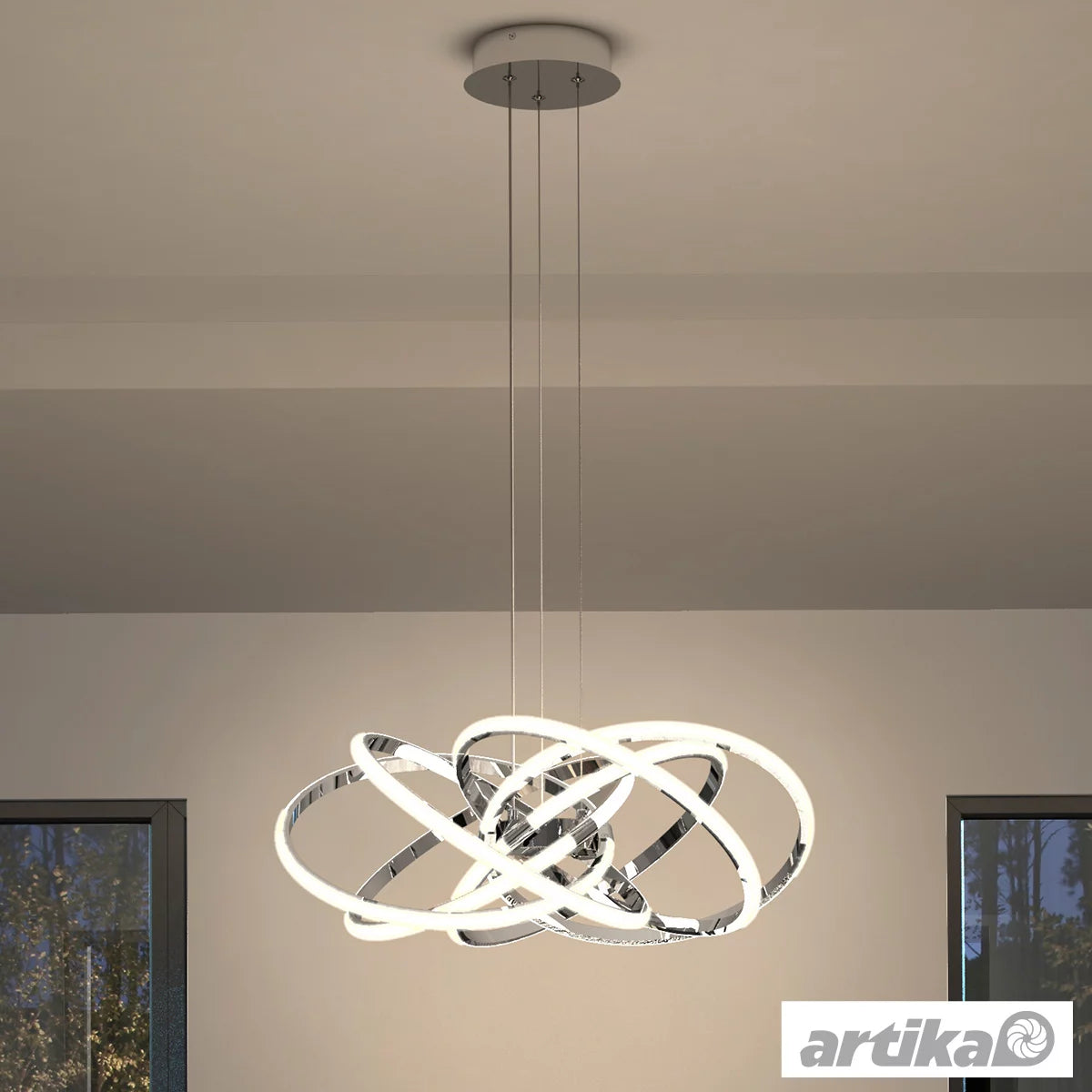 Artika Maelstrom chrome LED pendant light with modern sculptural design and bright ambient illumination