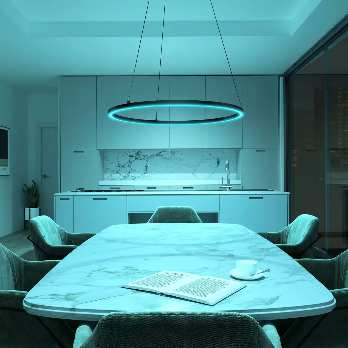 Artika Novato RGBW 28-inch black pendant light with color-changing LED and modern smart lighting design