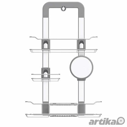 A front-facing view of the light grey Artika Trent hanging shower caddy featuring adjustable stainless steel baskets and an integrated shaving mirror mounted on a bathroom glass door.