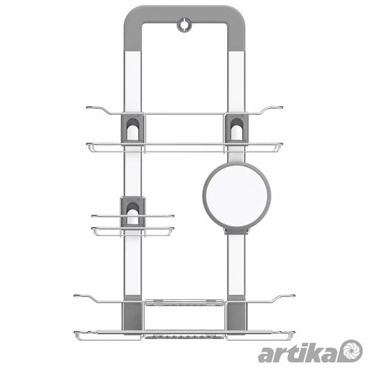 Artika Trent hanging shower caddy with multi-tier metal storage baskets hanging over a modern shower head