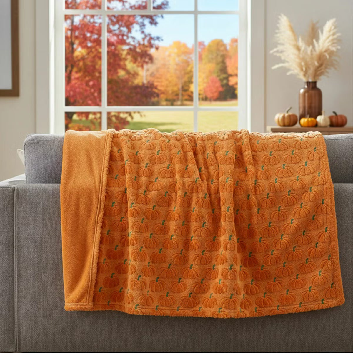 Ashford Home Embroidered Halloween throw blanket in white plush faux fur featuring stitched orange pumpkins folded over a charcoal sofa arm.