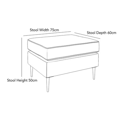 Top angle view of the Aspen Grey Velvet Footstool with distressed texture, piped border, and slim black metal stiletto legs in a modern lounge setting.