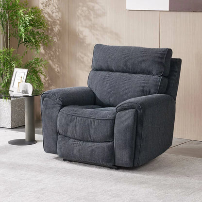 Three-quarter view of the Atlanta grey cord fabric power recliner armchair in a bright living room setting, showcasing its striped textured fabric and sleek side