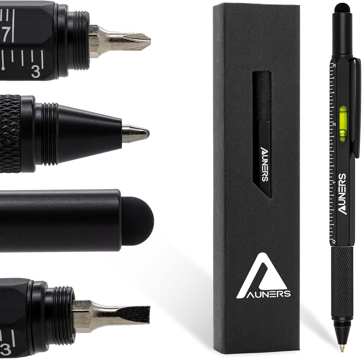 Auners metal 6-in-1 multi tool pen featuring a screwdriver, ruler, spirit level, and stylus for men.