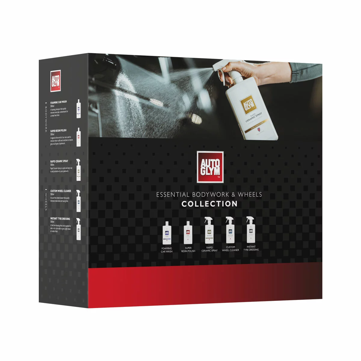 Autoglym Essential Bodywork and Wheels Collection Kit featuring five 500ml detailing bottles neatly arrayed next to a glossy car bumper.