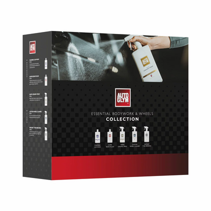 Autoglym Essential Bodywork and Wheels Collection Kit featuring five 500ml detailing bottles neatly arrayed next to a glossy car bumper.
