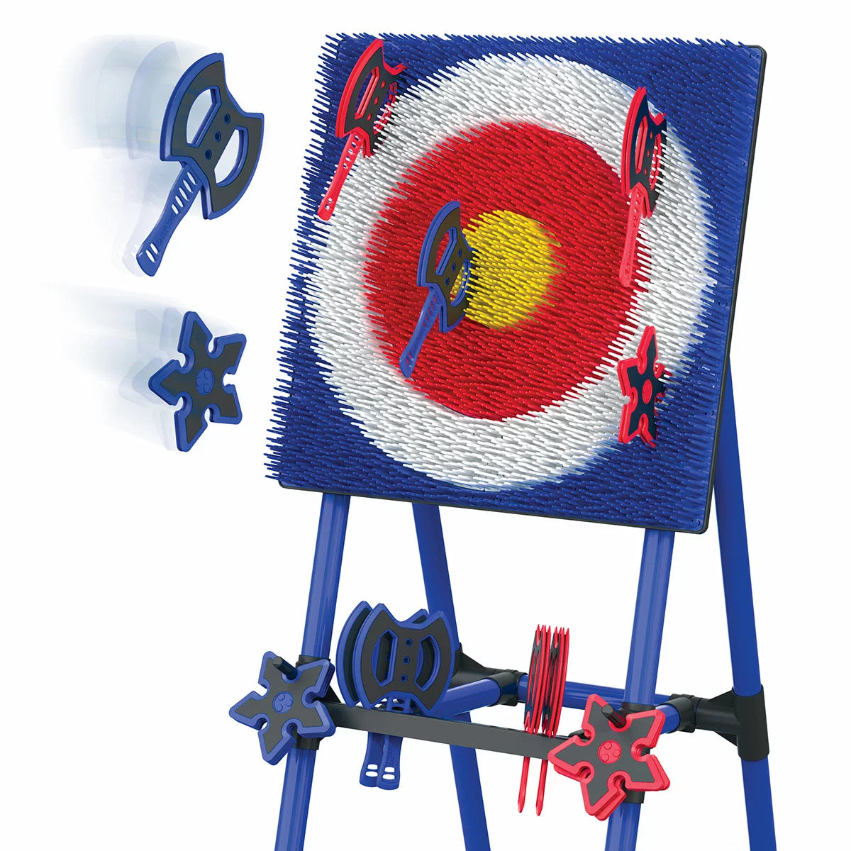 Black steel frame EastPoint Sports axe throwing target stand with colourful bristle board, throwing axes, and stars set up on a grassy garden lawn.
