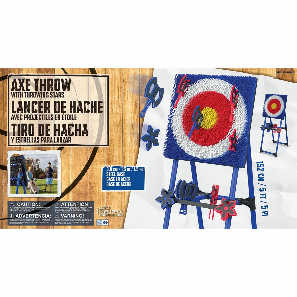 Black steel frame EastPoint Sports axe throwing target stand with colourful bristle board, throwing axes, and stars set up on a grassy garden lawn.