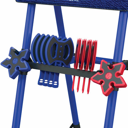 Black steel frame EastPoint Sports axe throwing target stand with colourful bristle board, throwing axes, and stars set up on a grassy garden lawn.