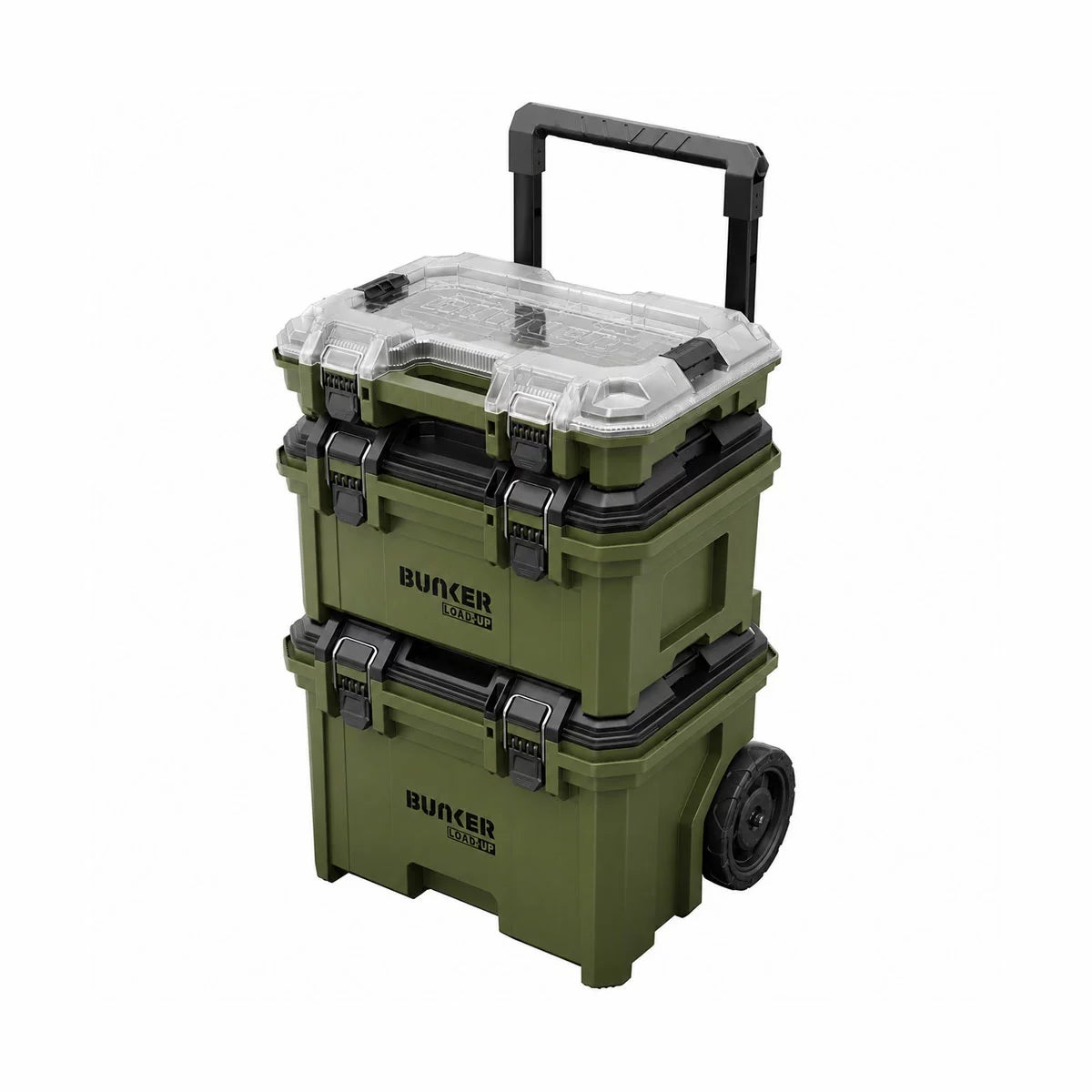 BUNKER 3 piece load up wheeled stacking tool storage system in black and yellow showing rolling base, mid box, and top organiser on a concrete floor.
