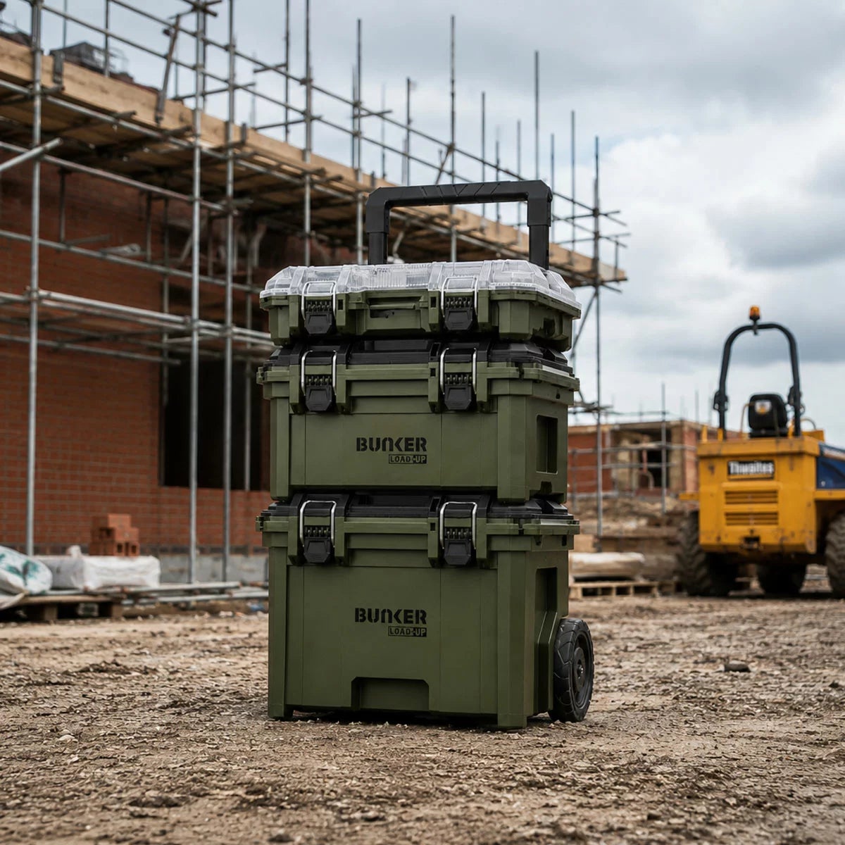 BUNKER 3 piece load up wheeled stacking tool storage system in black and yellow showing rolling base, mid box, and top organiser on a concrete floor.