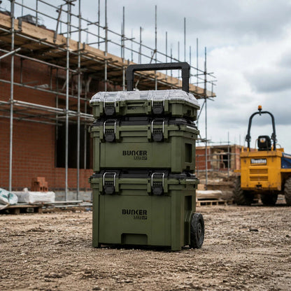 BUNKER 3 piece load up wheeled stacking tool storage system in black and yellow showing rolling base, mid box, and top organiser on a concrete floor.