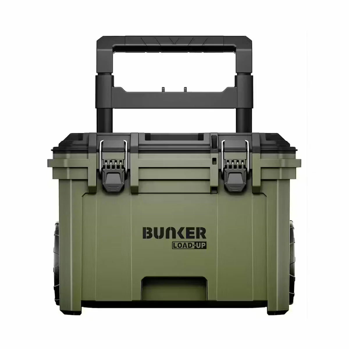 BUNKER 3 piece load up wheeled stacking tool storage system in black and yellow showing rolling base, mid box, and top organiser on a concrete floor.