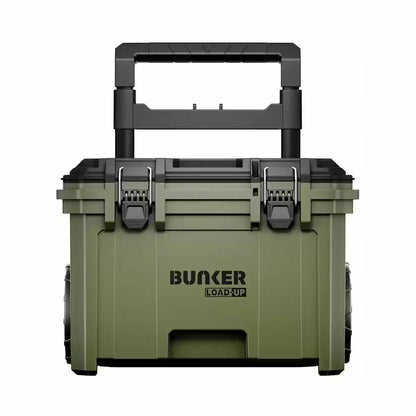 BUNKER 3 piece load up wheeled stacking tool storage system in black and yellow showing rolling base, mid box, and top organiser on a concrete floor.