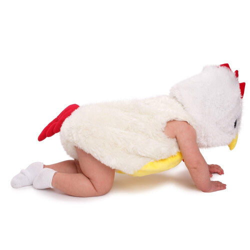 Front view of a plush yellow and red Dress Up America baby rooster costume showing the soft chicken hoody and hook and loop closure design.