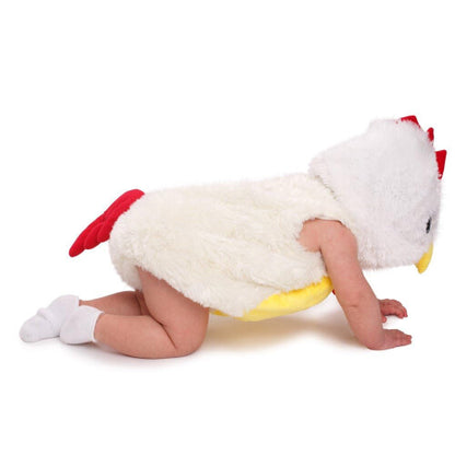 Front view of a plush yellow and red Dress Up America baby rooster costume showing the soft chicken hoody and hook and loop closure design.