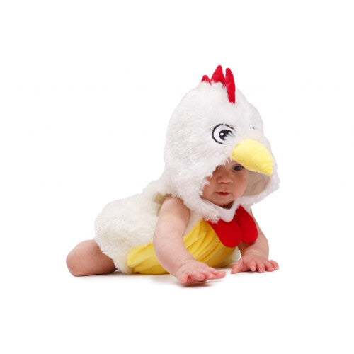 Front view of a plush yellow and red Dress Up America baby rooster costume showing the soft chicken hoody and hook and loop closure design.